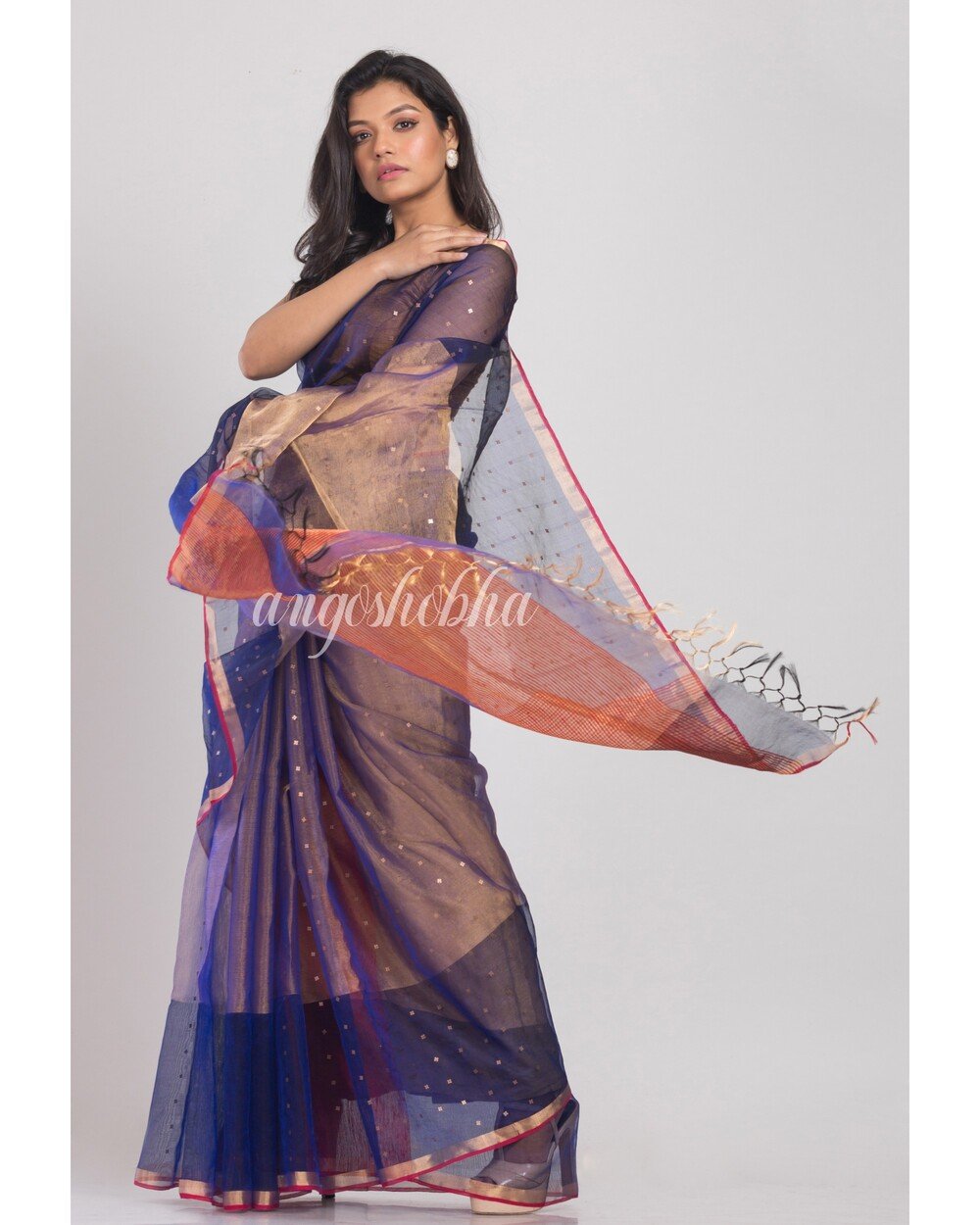 Women's Blue Sequins Handwoven Silk Saree