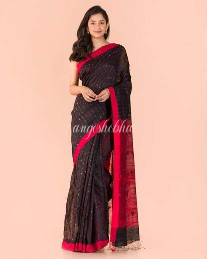 Women's Black Handwoven Matka Silk Saree