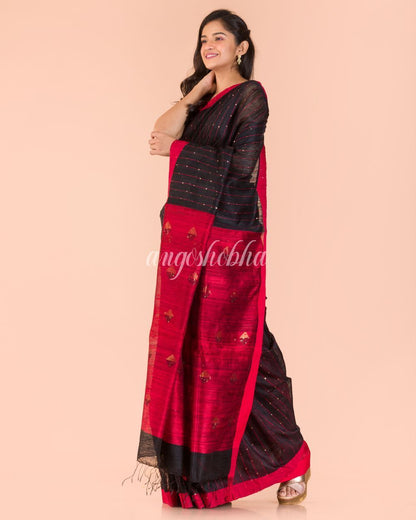 Women's Black Handwoven Matka Silk Saree