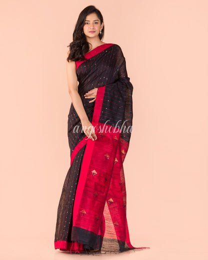 Women's Black Handwoven Matka Silk Saree