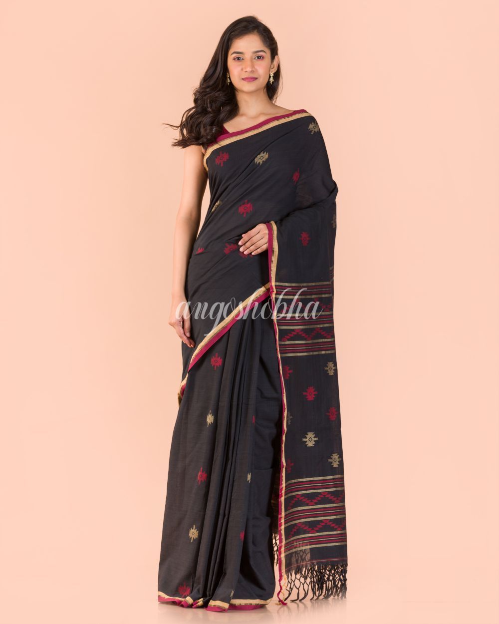 Women's Black Cotton Jamdani Saree