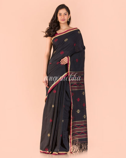 Women's Black Cotton Jamdani Saree