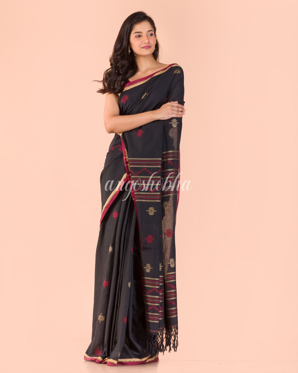 Women's Black Cotton Jamdani Saree