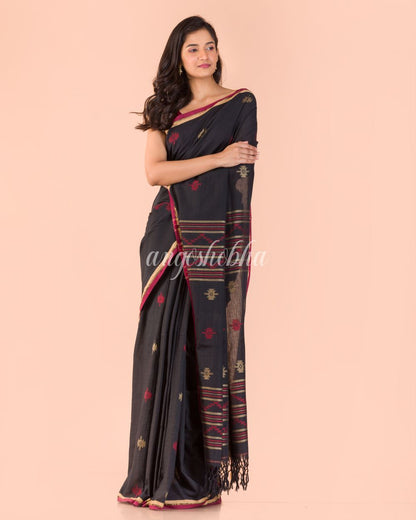 Women's Black Cotton Jamdani Saree