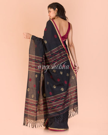 Women's Black Cotton Jamdani Saree
