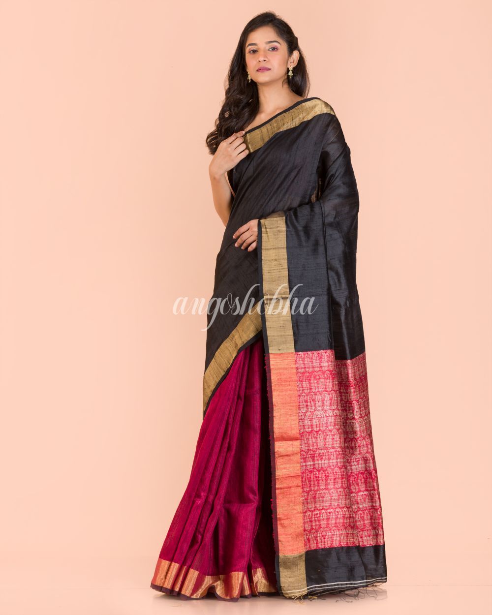 Women's Black Maroon Matka Silk Tangail Saree