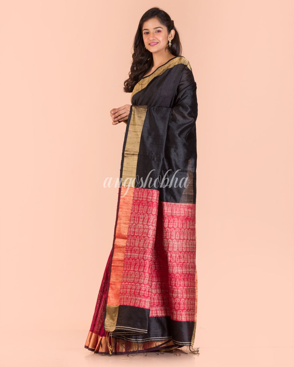 Women's Black Maroon Matka Silk Tangail Saree