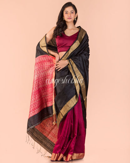 Women's Black Maroon Matka Silk Tangail Saree