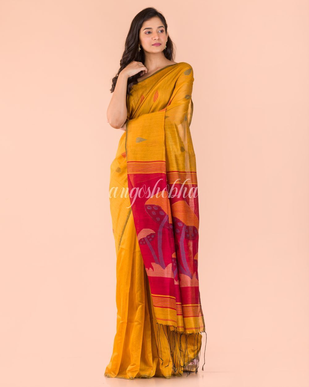 Women's Yellow Blended Cotton Handloom Saree