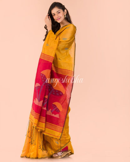 Women's Yellow Blended Cotton Handloom Saree