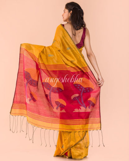 Women's Yellow Blended Cotton Handloom Saree