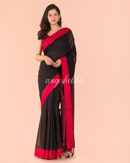 Women's Black Handwoven Cotton Tangail Saree