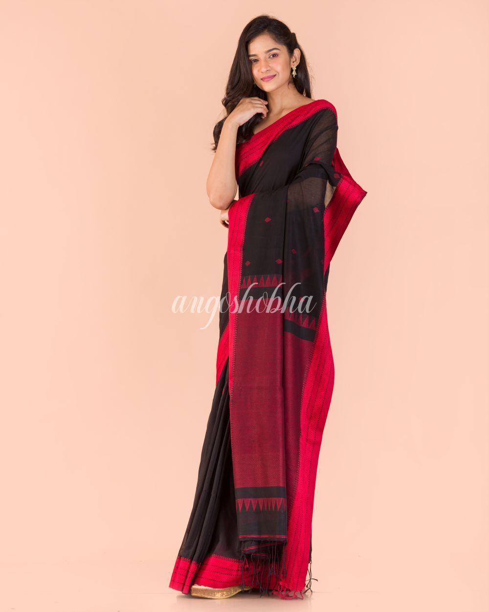 Women's Black Handwoven Cotton Tangail Saree