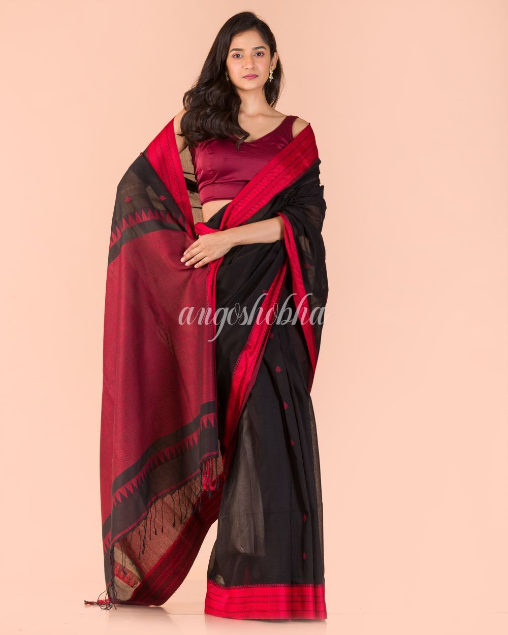 Women's Black Handwoven Cotton Tangail Saree