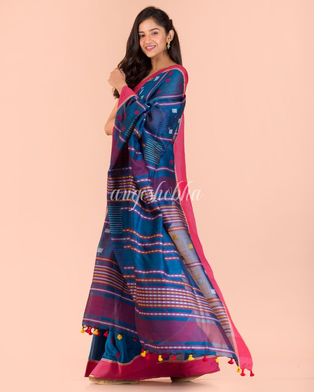 Women's Blue Cotton Jamdani Saree