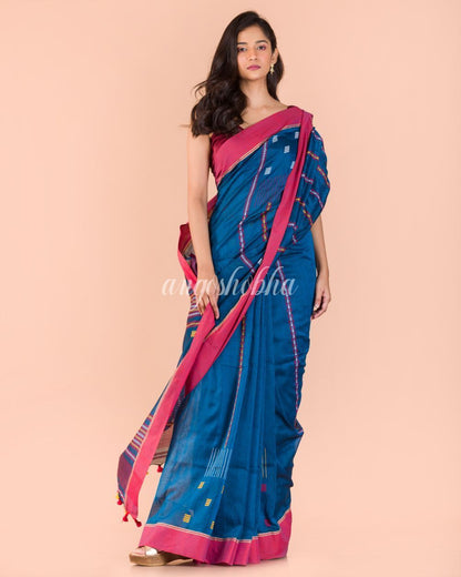 Women's Blue Cotton Jamdani Saree