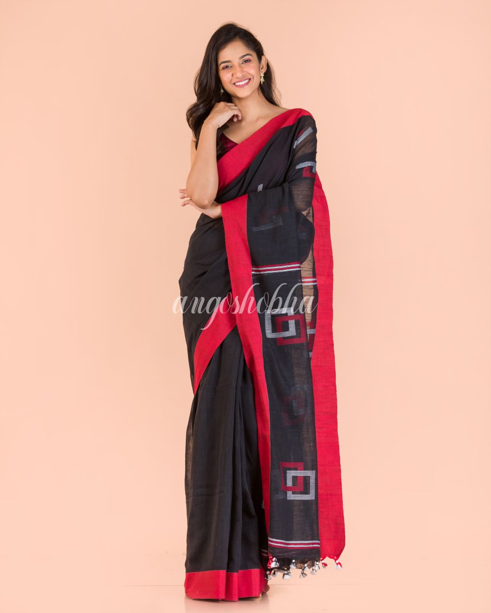 Women's Black Cotton Jamdani Saree