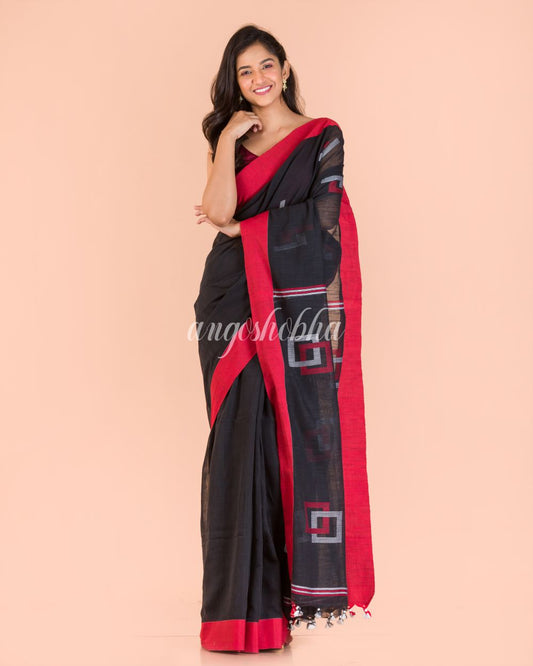 Women's Black Cotton Jamdani Saree