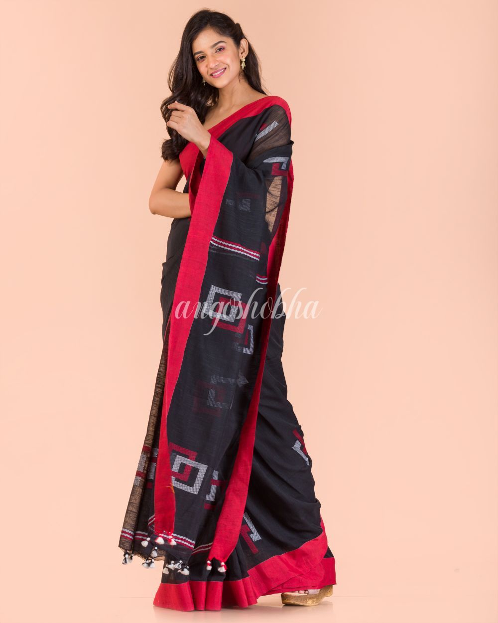 Women's Black Cotton Jamdani Saree