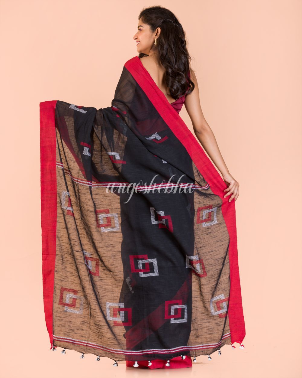 Women's Black Cotton Jamdani Saree