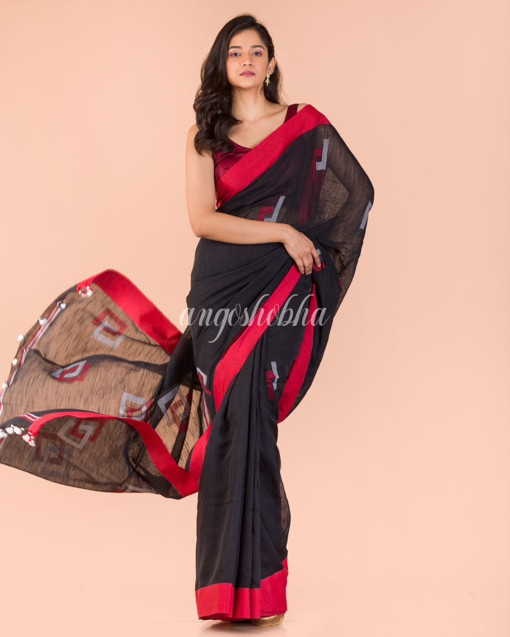 Women's Black Cotton Jamdani Saree