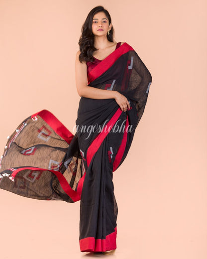 Women's Black Cotton Jamdani Saree