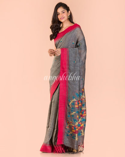 Women's Grey Linen Jamdani Saree