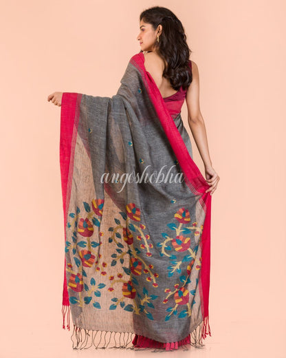 Women's Grey Linen Jamdani Saree