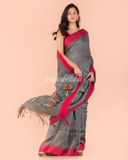 Women's Grey Linen Jamdani Saree