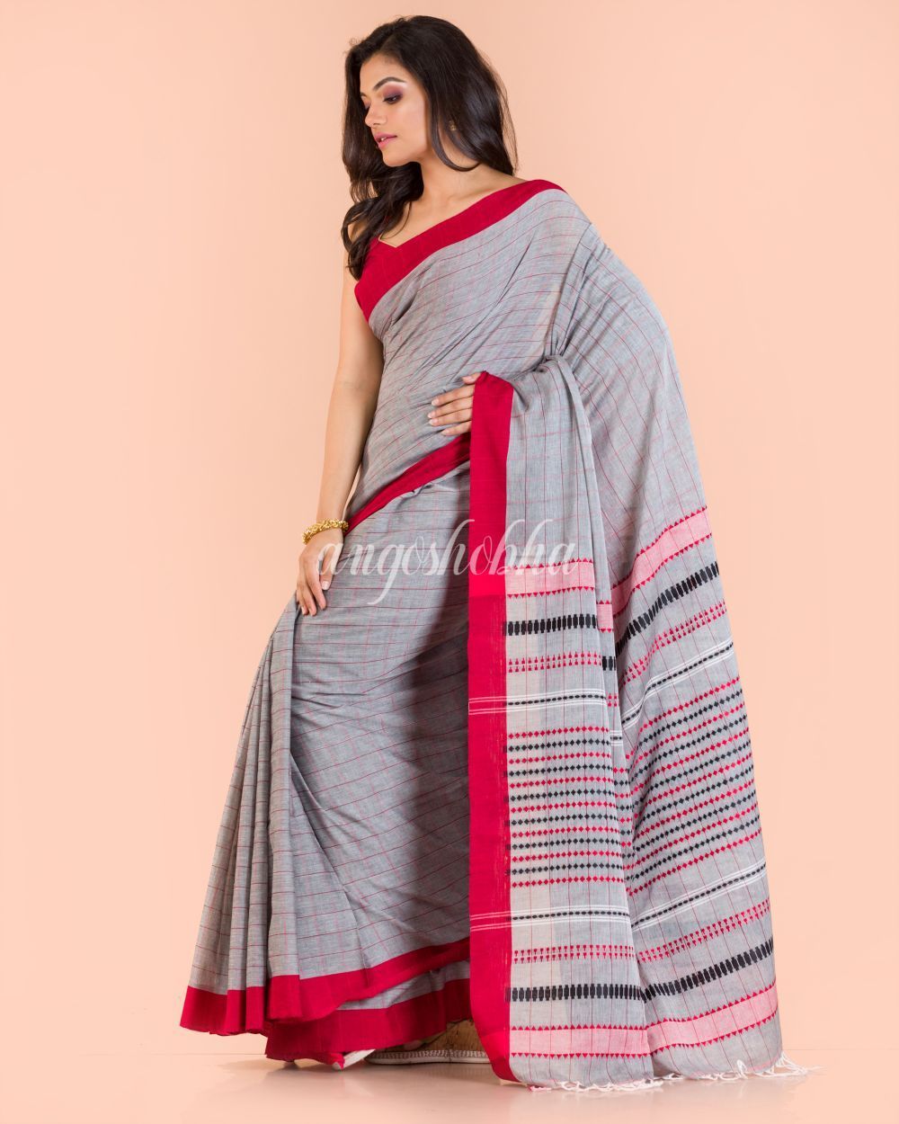 Women's Blue Grey Handwoven Cotton Saree