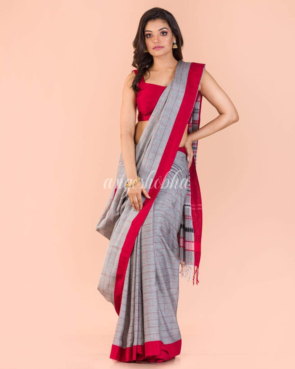 Women's Blue Grey Handwoven Cotton Saree