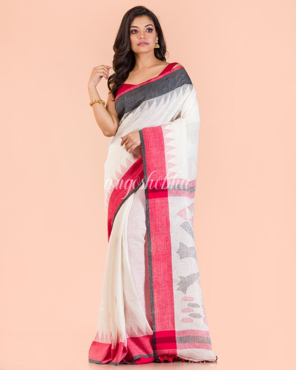 Women's White Liene Jamdani Saree