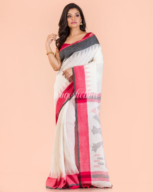 Women's White Liene Jamdani Saree