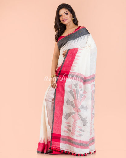 Women's White Liene Jamdani Saree