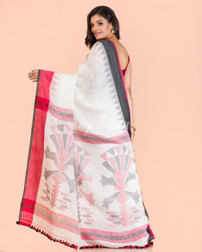 Women's White Liene Jamdani Saree