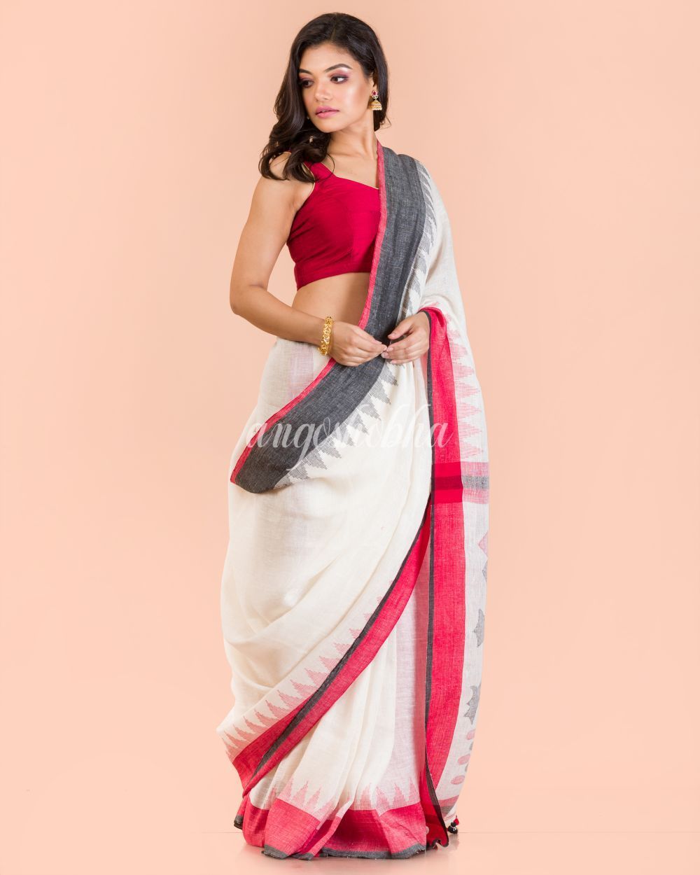 Women's White Liene Jamdani Saree