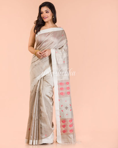 Women's Silver Beige Handwoven Matka Silk Saree