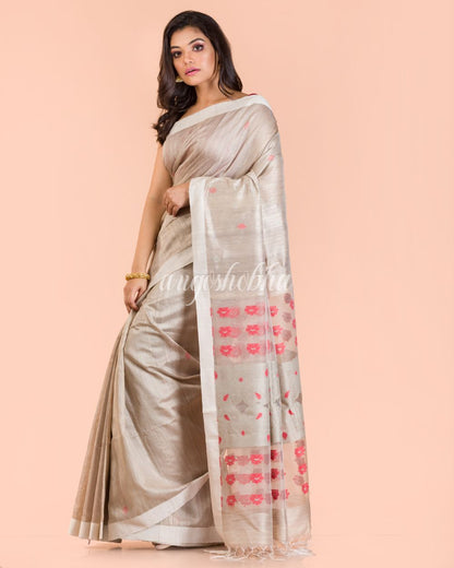 Women's Silver Beige Handwoven Matka Silk Saree