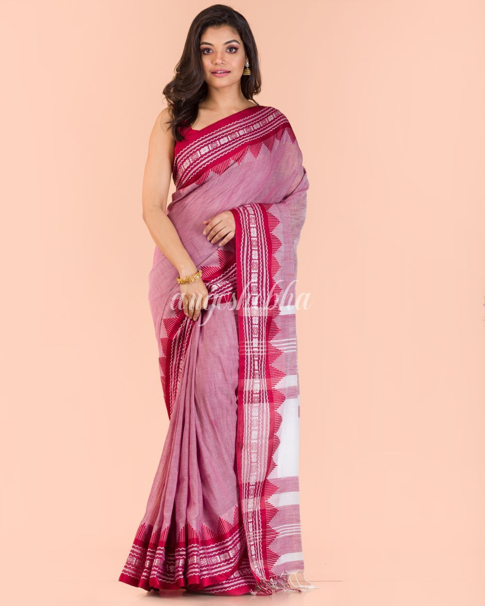 Women's Coral Cotton Tangail Saree