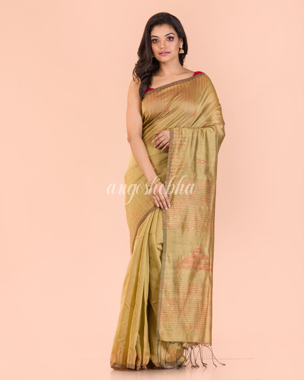 Women's Beige Blended Cotton Sequins Saree