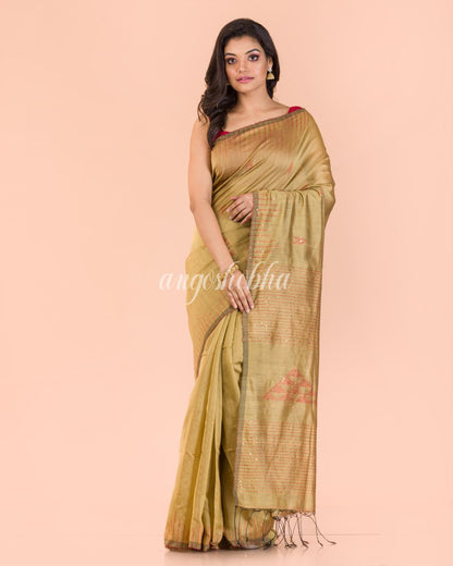 Women's Beige Blended Cotton Sequins Saree