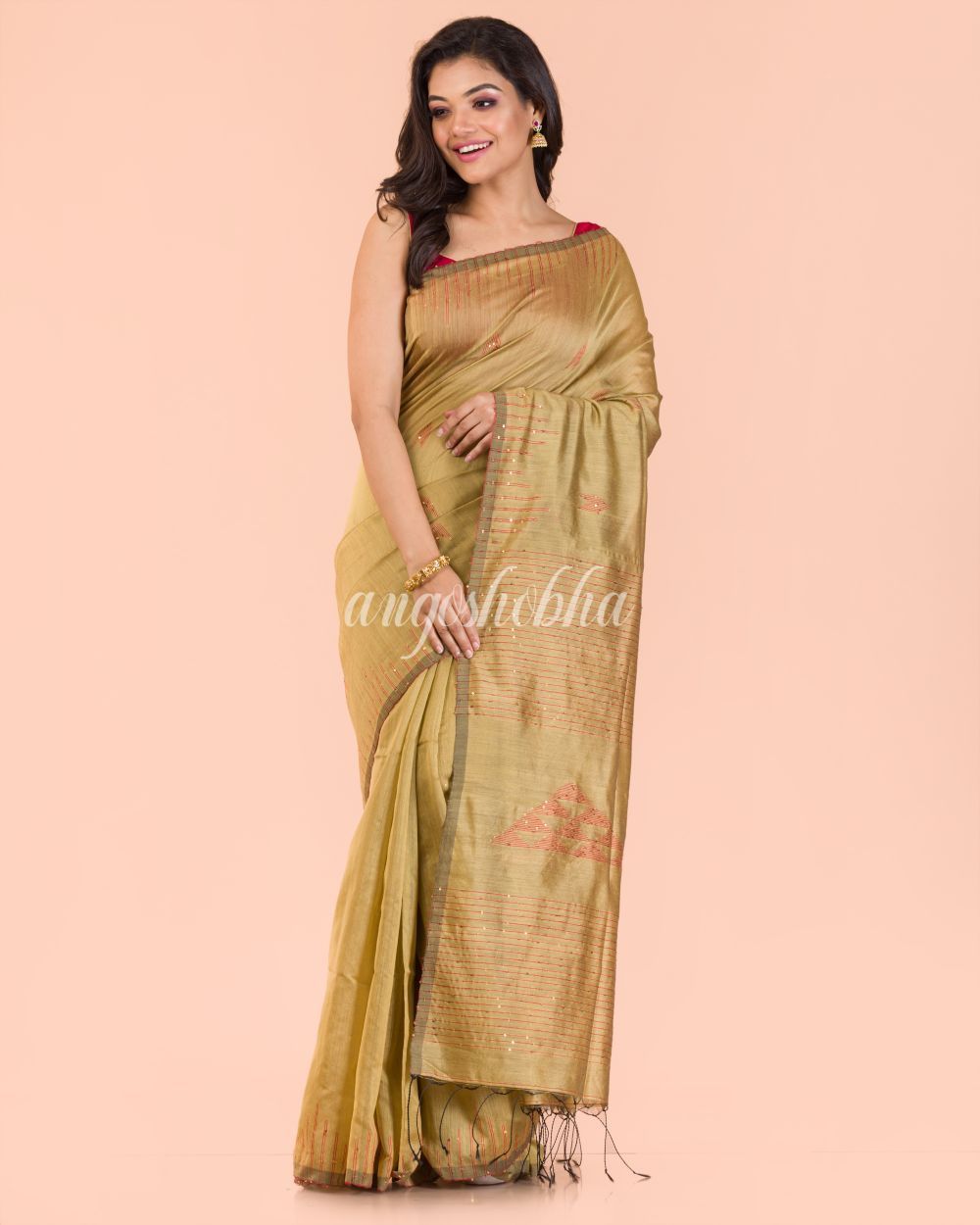 Women's Beige Blended Cotton Sequins Saree