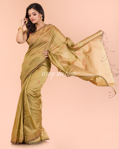 Women's Beige Blended Cotton Sequins Saree
