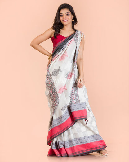 Women's White Handwoven Kantha Stitch Saree