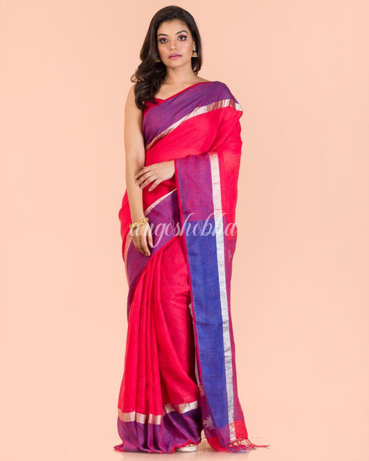 Women's Rose Red Handwoven Linen Saree