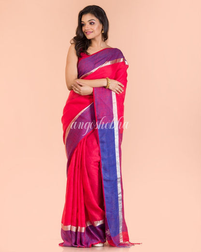 Women's Rose Red Handwoven Linen Saree