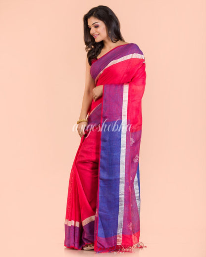 Women's Rose Red Handwoven Linen Saree