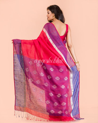 Women's Rose Red Handwoven Linen Saree