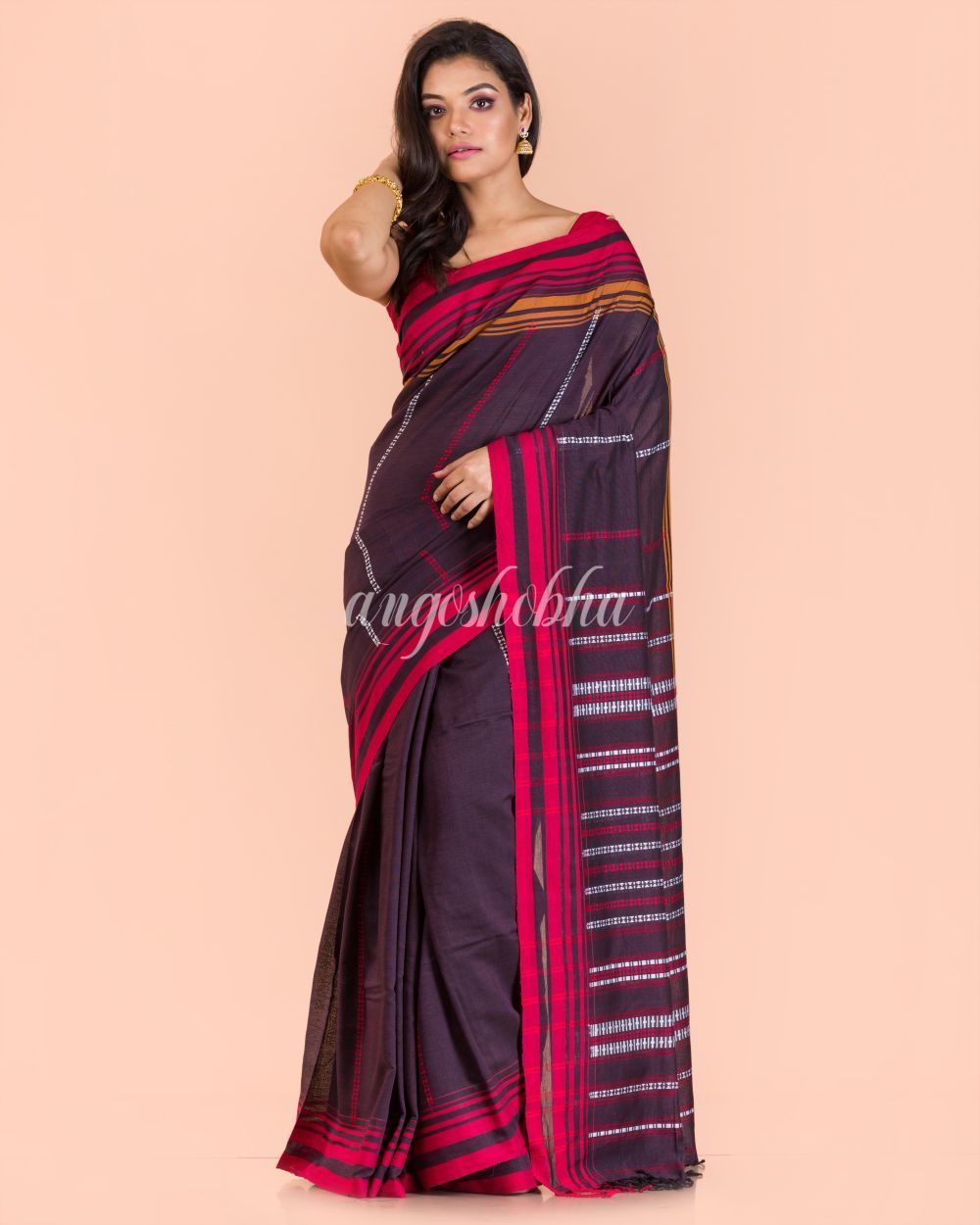 Women's Dark Brown Handwoven Cotton Saree