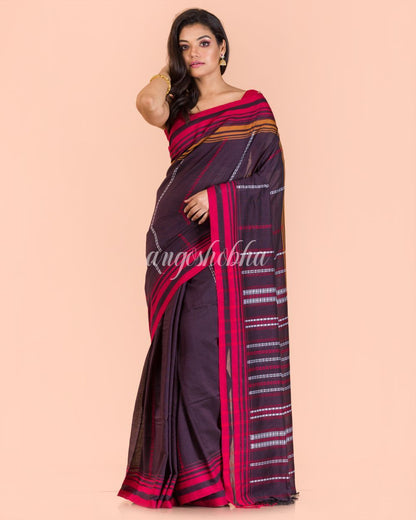 Women's Dark Brown Handwoven Cotton Saree